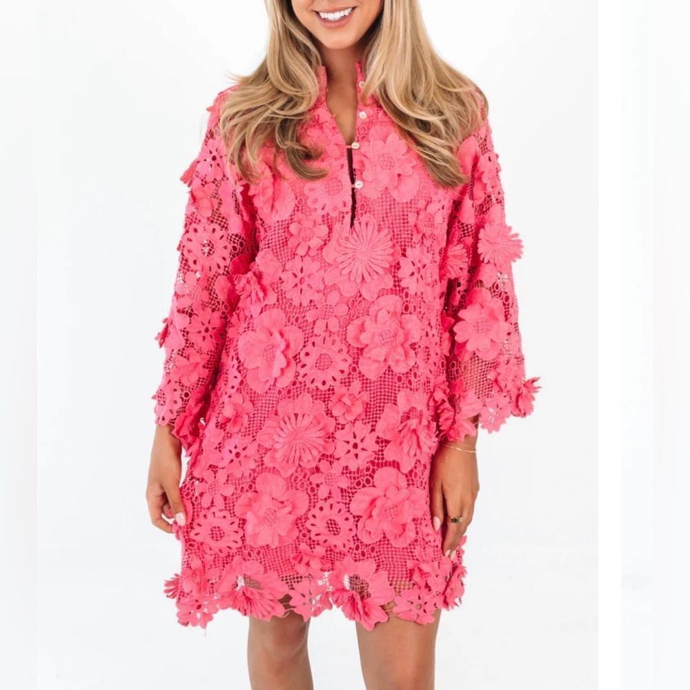 J. Marie Pink Floral Lace Mini Dress Appliqué Crochet Lined Size S - Picture 2 of 9